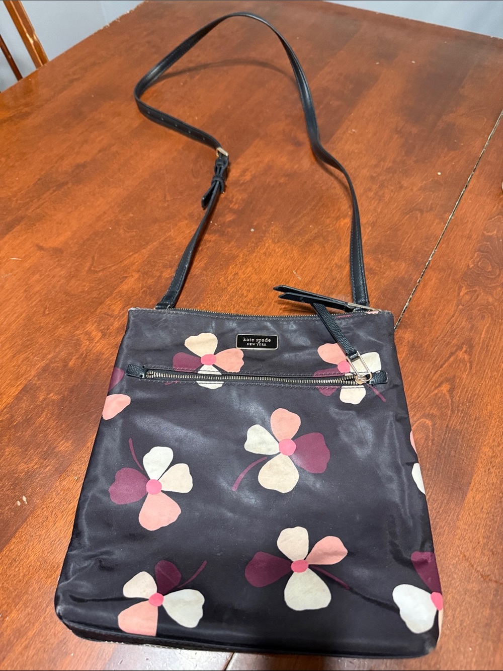 kate spade Black Floral Nylon Crossbody with Pink and Cream Accents